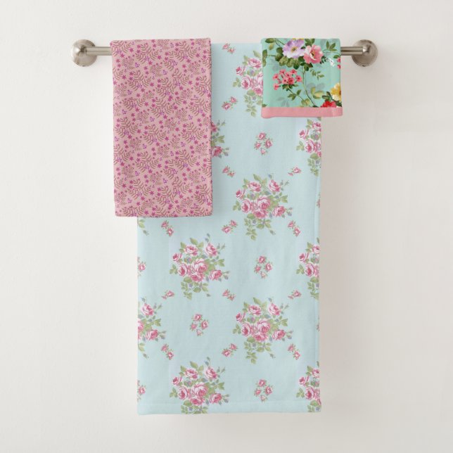 Ensemble de serviettes de toilette rose et bleu Fl (En situation)