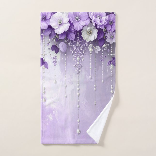 Ensemble de serviettes Fleurs violettes avec perle (Serviette à main)