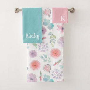 Ensemble de serviettes Floral Aquarelle Monogrammé