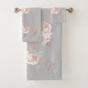 Ensemble de serviettes gris Monogramme Floral Rose