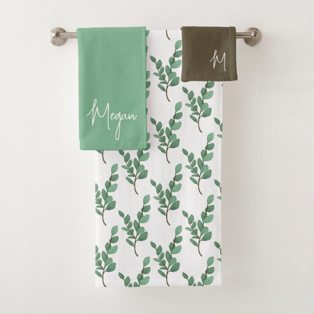 Ensemble de serviettes monogrammées à l'eucalyptus (En situation)
