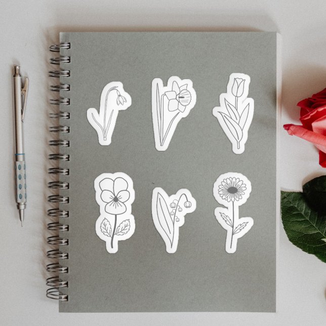 Ensemble de stickers d'art en ligne de fleurs bota (Botanical Flower Line Art Stickers Set)