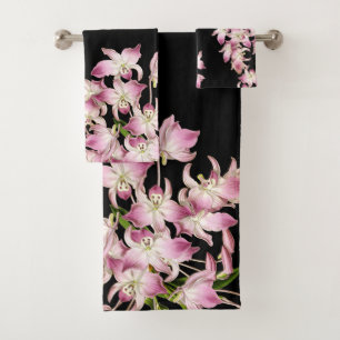 Ensemble noir de serviette de Bath de fleurs roses
