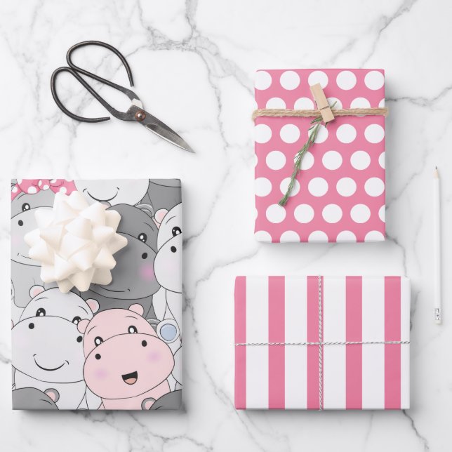 Ensemble papier cadeau Bébés Hippopotames Mignons (Recto)