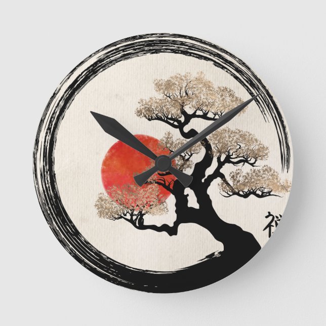 Enso Circle und Bonsai Tree auf Leinwand Runde Wanduhr (Vorderseite)