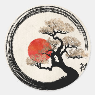 Enso Circle und Bonsai Tree auf Leinwand Runder Aufkleber