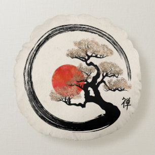 Enso Circle und Bonsai Tree auf Leinwand Rundes Kissen