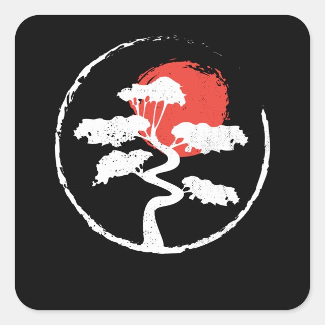 Enso Cirle Bonsai Tree Japanisches Zen-Geschenk Quadratischer Aufkleber (Vorderseite)