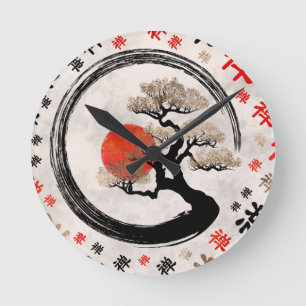 Enso Kreis-Bonsais-Baum auf Zen-Symbolmuster Runde Wanduhr