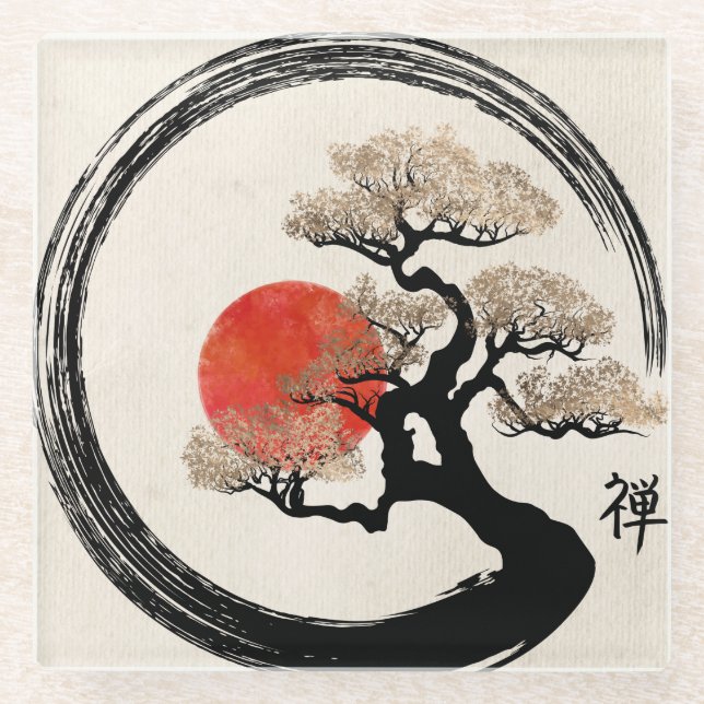 Enso Kreis und Bonsais-Baum auf Leinwand Glasuntersetzer (Vorderseite)