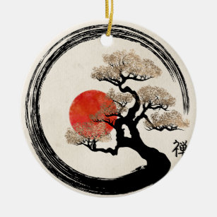 Enso Kreis und Bonsais-Baum auf Leinwand Keramik Ornament
