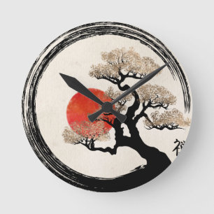 Enso Kreis und Bonsais-Baum auf Leinwand Runde Wanduhr