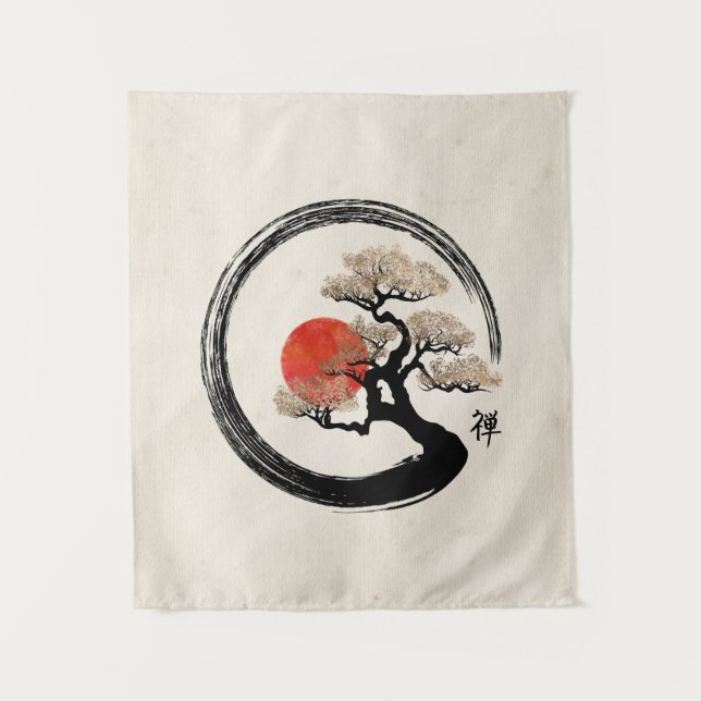 Enso Kreis und Bonsais-Baum auf Leinwand Wandteppich (Vorderseite)
