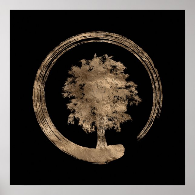 Enso Zen Circle and Tree - Gold auf schwarz Poster (Vorne)