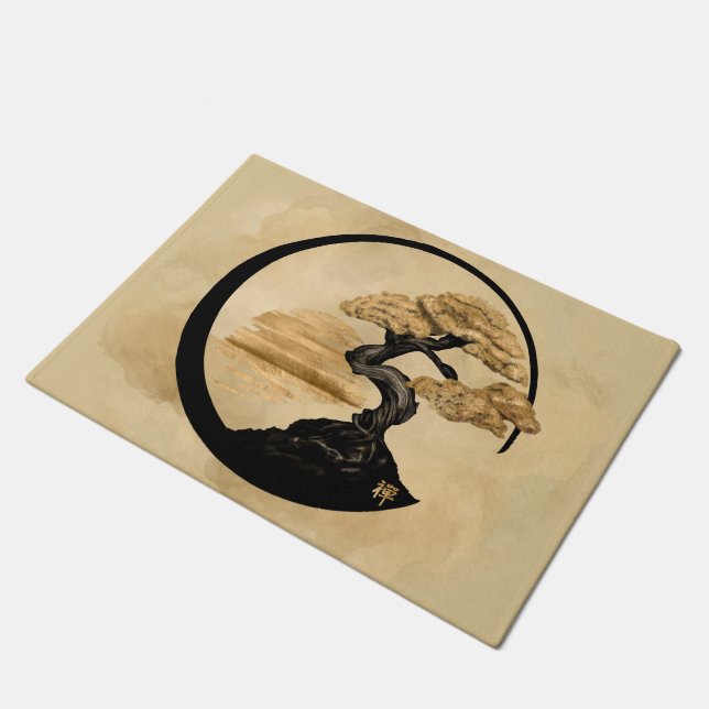Enso Zen Circle Bonsai - Goldener Sonnenaufgang Fußmatte (Schrägansicht)