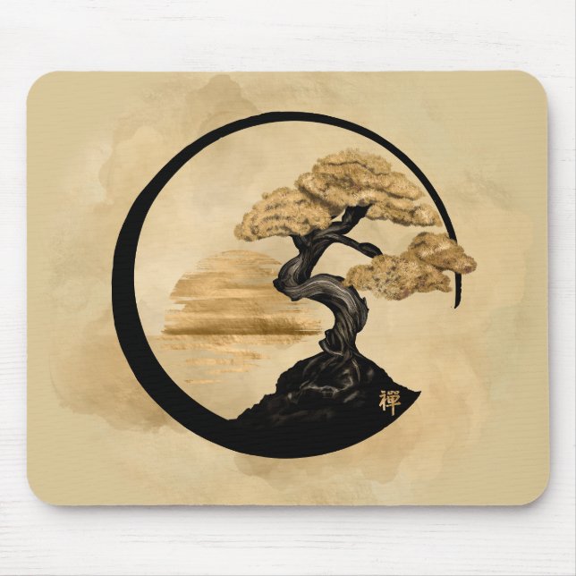 Enso Zen Circle Bonsai - Goldener Sonnenaufgang Mousepad (Vorne)