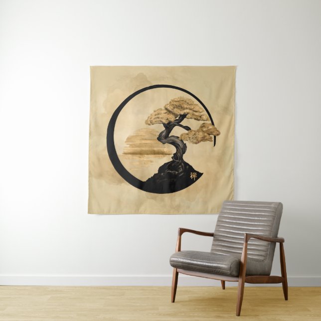 Enso Zen Circle Bonsai - Goldener Sonnenaufgang Wandteppich (Beispiel (Horizontal))