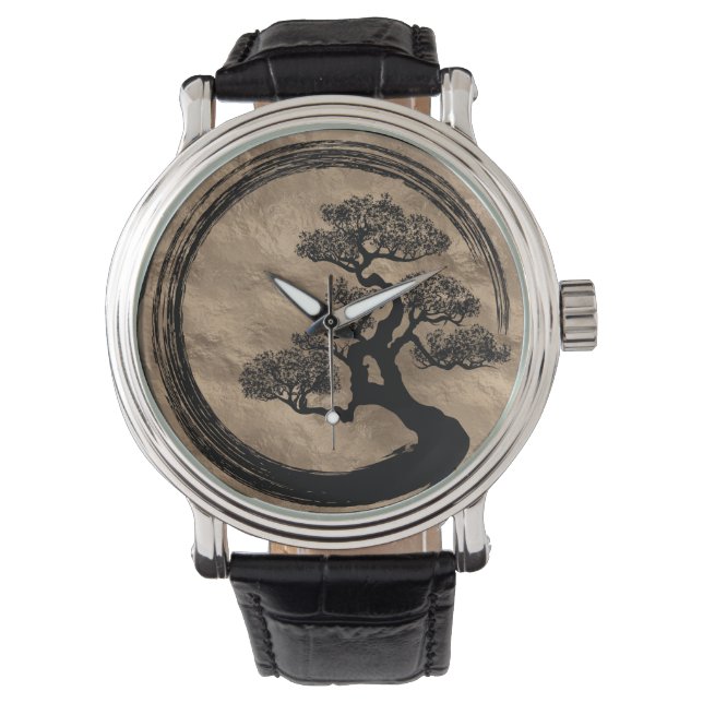 Enso Zen Circle und Bonsai Tree Gold Armbanduhr (Vorderseite)
