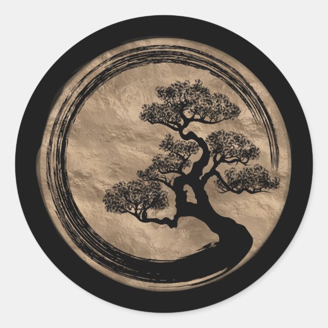 Enso Zen Circle und Bonsai Tree Gold Runder Aufkleber (Vorderseite)