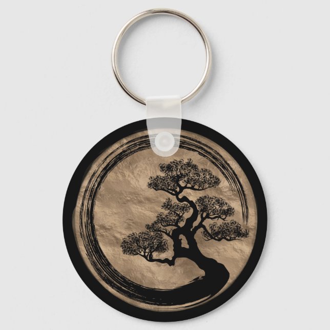 Enso Zen Circle und Bonsai Tree Gold Schlüsselanhänger (Vorderseite)