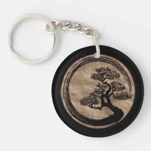 Enso Zen Circle und Bonsai Tree Gold Schlüsselanhänger