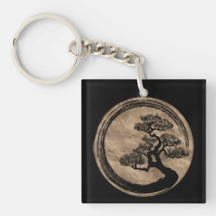 Enso Zen Circle und Bonsai Tree Gold Schlüsselanhänger
