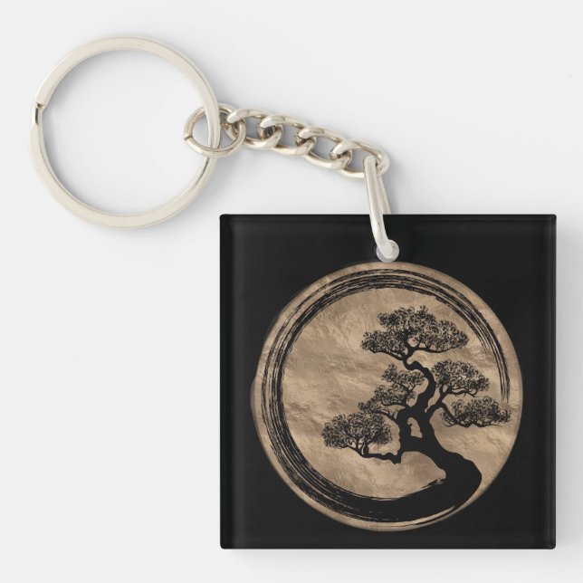 Enso Zen Circle und Bonsai Tree Gold Schlüsselanhänger (Vorderseite)