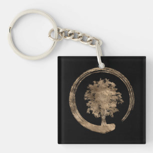 Enso Zen-Kreis und Baum - Gold auf Schwarzem Schlüsselanhänger
