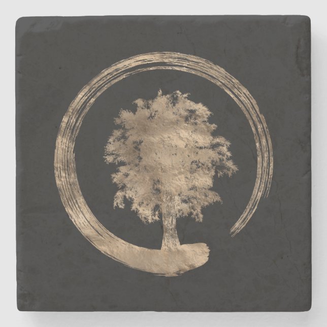 Enso Zen-Kreis und Baum - Gold auf Schwarzem Steinuntersetzer (Vorderseite)