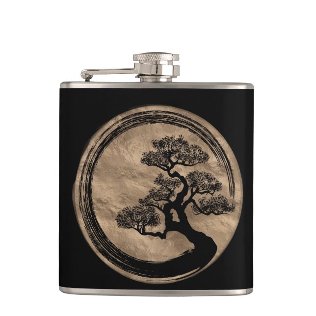 Enso Zen-Kreis und Bonsais-Baum-Gold Flachmann (Vorderseite)