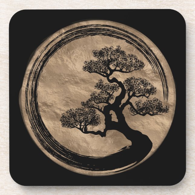 Enso Zen-Kreis und Bonsais-Baum-Gold Getränkeuntersetzer (Vorderseite)