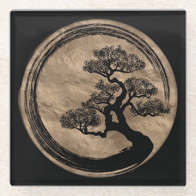 Enso Zen-Kreis und Bonsais-Baum-Gold Glasuntersetzer (Vorderseite)