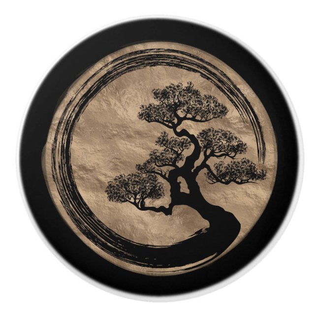 Enso Zen-Kreis und Bonsais-Baum-Gold Keramikknauf (Vorderseite)