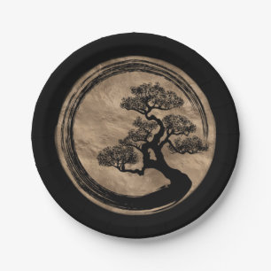 Enso Zen-Kreis und Bonsais-Baum-Gold Pappteller