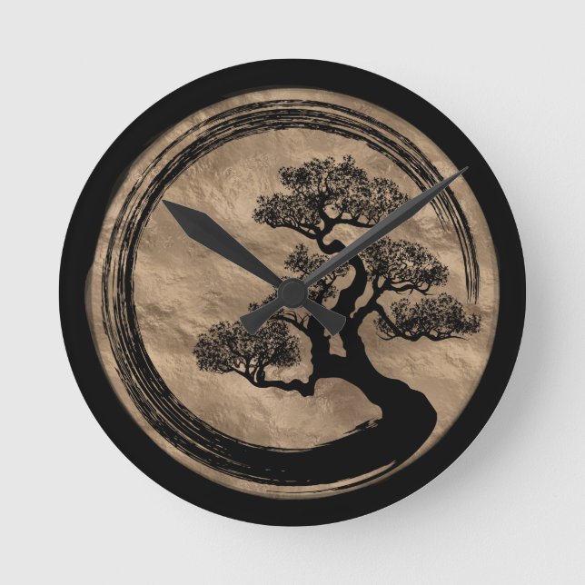 Enso Zen-Kreis und Bonsais-Baum-Gold Runde Wanduhr (Vorderseite)