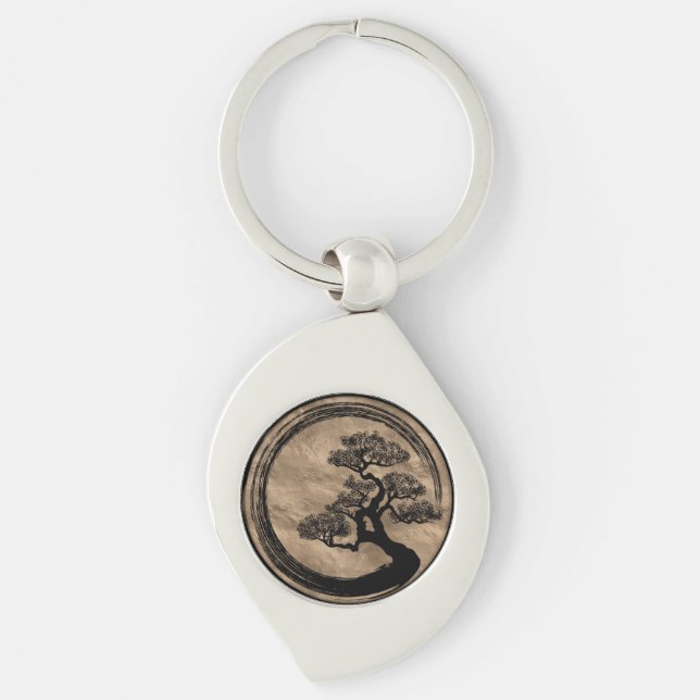 Enso Zen-Kreis und Bonsais-Baum-Gold Schlüsselanhänger (Vorderseite)