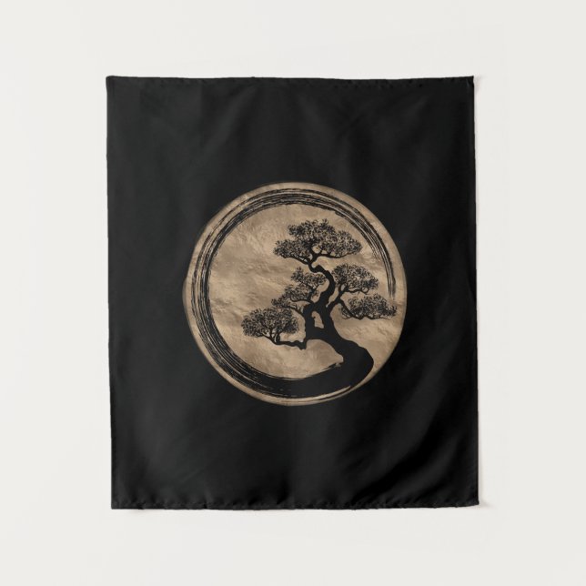 Enso Zen-Kreis und Bonsais-Baum-Gold Wandteppich (Vorderseite)