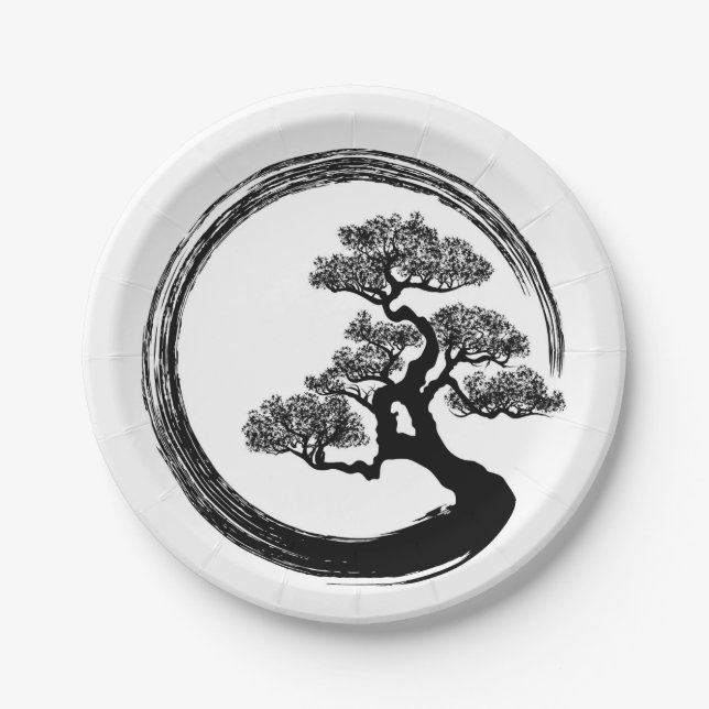 Enso Zen-Kreis und Bonsais-Baum Pappteller (Vorderseite)