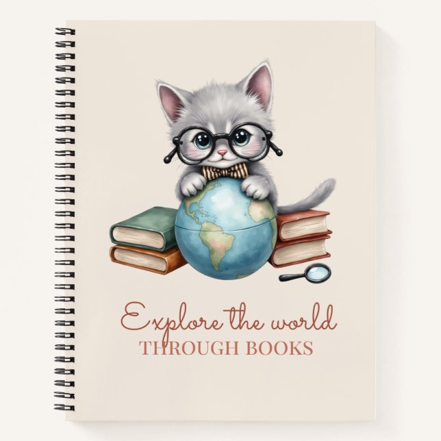"Entdecke die Welt durch Bücher" Niedlich Kitten Notizbuch (Vorderseite)