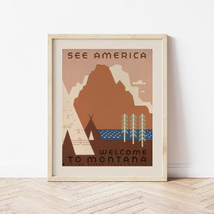 Entdecken Sie Amerika Willkommen in Montana   Vint Poster