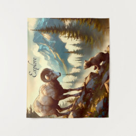 Entdecken Sie den Bighorn Sheep Grizzly Cub Mounta Wandteppich