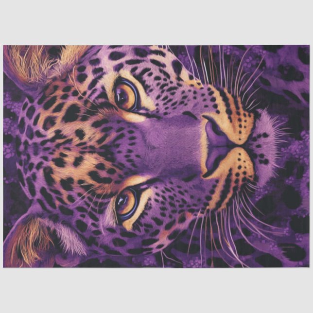 Entdecken Sie lebendige Lila Leoparden mit Gold Le Seidenpapier (Vorderseite)