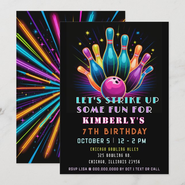 Entdecken Sie Neon Glow Bowling Geburtstag. Einladung (Vorne/Hinten)