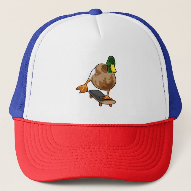 Ente als Skater mit Skateboard Truckerkappe (Vorderseite)