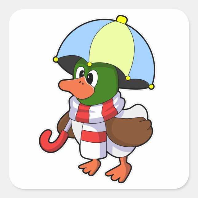 Ente beim Regen mit Regenschirm Quadratischer Aufkleber (Vorderseite)