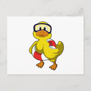 Ente beim Schwimmen mit Schwimmring und Taucherbri Postkarte