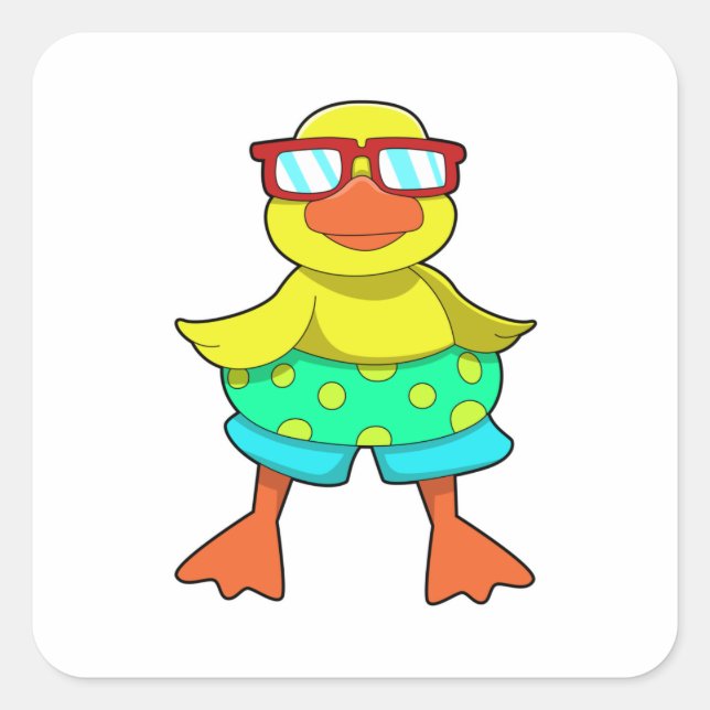 Ente mit Swim Ring & Sonnenbrille Quadratischer Aufkleber (Vorderseite)