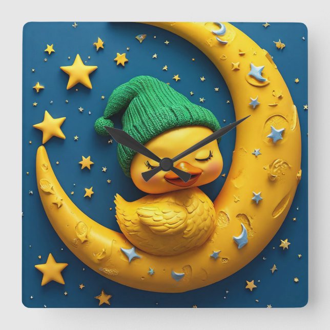 Ente und Mond aus niedlichem Cartoon Quadratische Wanduhr (Vorderseite)