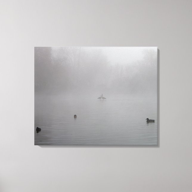 Enten auf einem nebeligen See Leinwanddruck (Vorderseite)