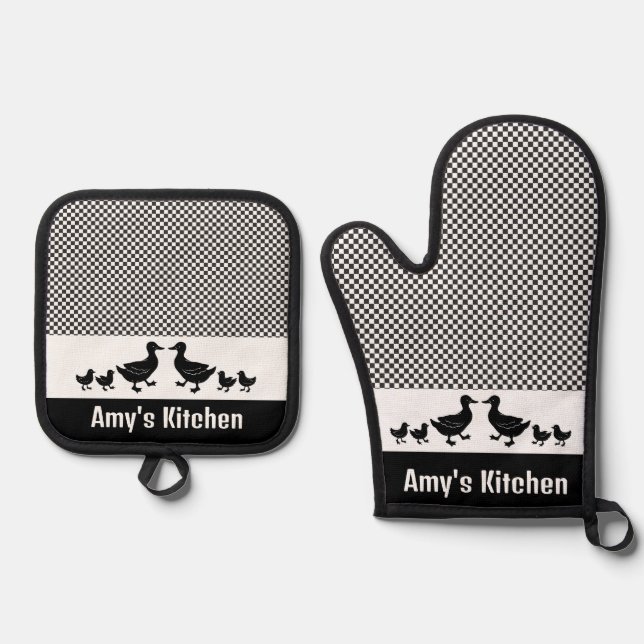 Enten & Gingham Design Oven Mitt & Pot Holder Set (Vorderseite)